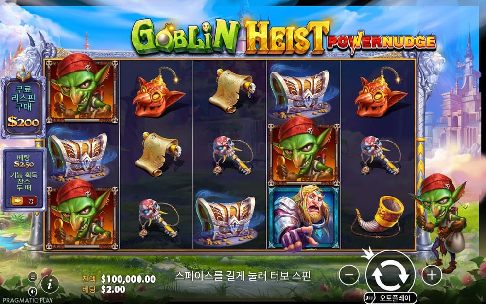 고블린 하이스트 파워너지 GOBLIN HEIST POWERNUDGE 로고 아래 고블린 얼굴과 망치·두루마리 심볼이 놓여 있습니다