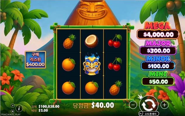 Super Tiki Strike 북과 코코넛 심볼이 보이는 실제 릴 화면