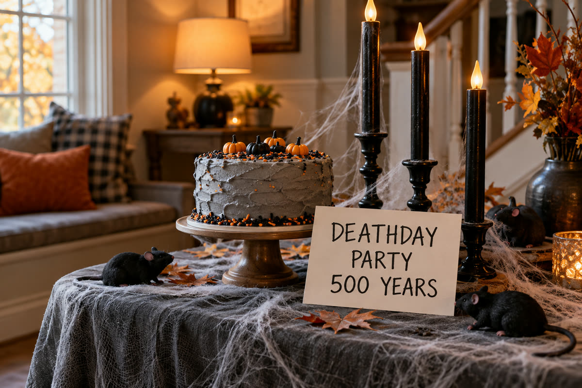 A spooky party corner with tall black LED candles, a gray-frosted cake with a card reading DEATHDAY PARTY 500 YEARS, felt rats and cobwebs