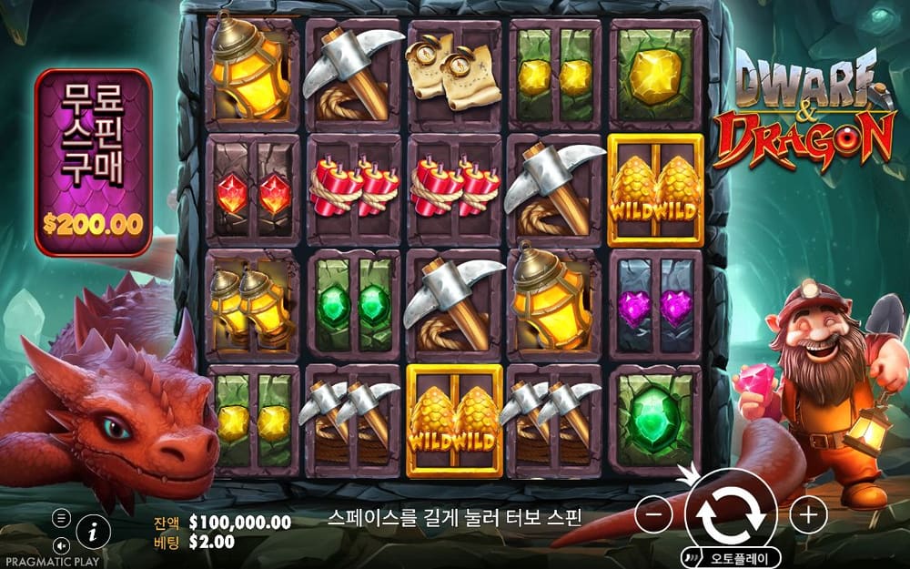 드워프 앤 드래곤 돌 격자에 곡괭이, 금빛 상자와 빨강·초록·노랑·보라 보석이 빽빽하게 보입니다