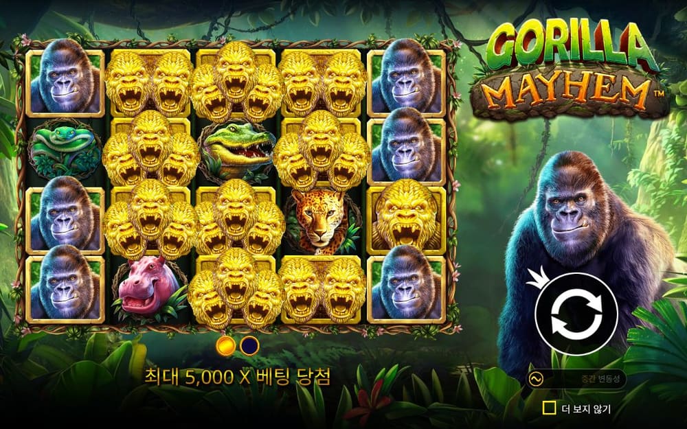 고릴라 메이험 금색 고릴라 심볼 사이에 표범과 붉은 꽃이 보입니다