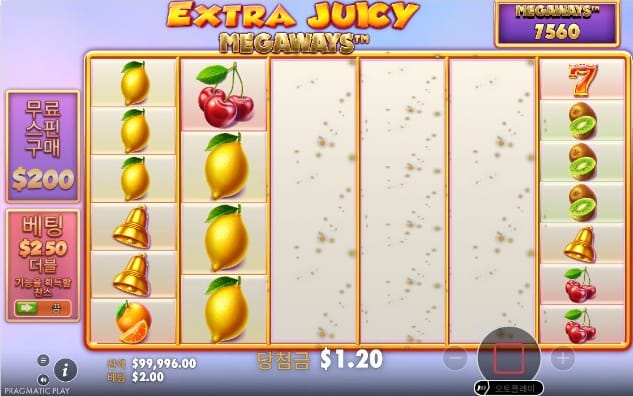 Extra Juicy Megaways 당첨 심볼이 제거돼 가운데 릴에 빈칸이 생기고 1.20이 남은 실제 장면